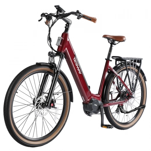 E-Bike mit Mittelmotor TESWAY COMET-F Step-thru Elektro-Trekkingrad, 500W 55N.M 672Wh 80km 40km/h Torque Sensor 27.5“ Reifen-Rot