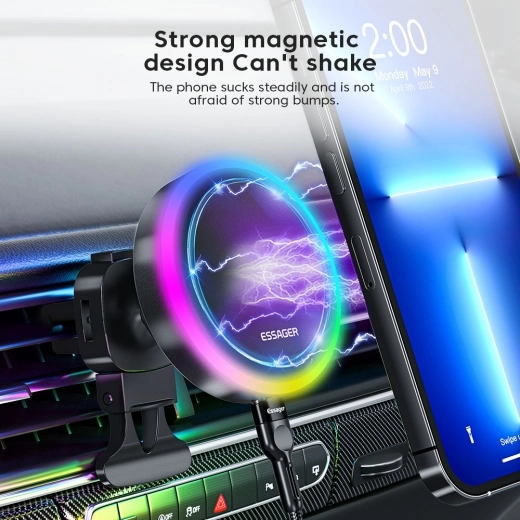 

15W RGB Magnetic Car Phone Holder Wireless Charger ESSAGER Qi, Air Outlet Type - Black