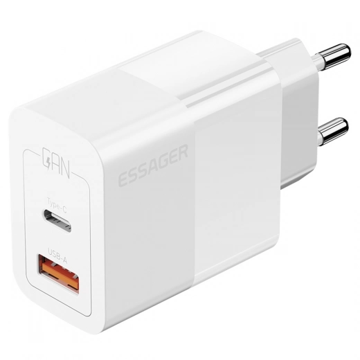 

33W GaN Charger ESSAGER, USB-A + Type-C, PD 3.0 QC 3.0 Fast Charging, Intelligent Charging Protection - White