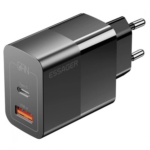 

33W GaN Charger ESSAGER, USB-A + Type-C, PD 3.0 QC 3.0 Fast Charging, Intelligent Charging Protection - Black