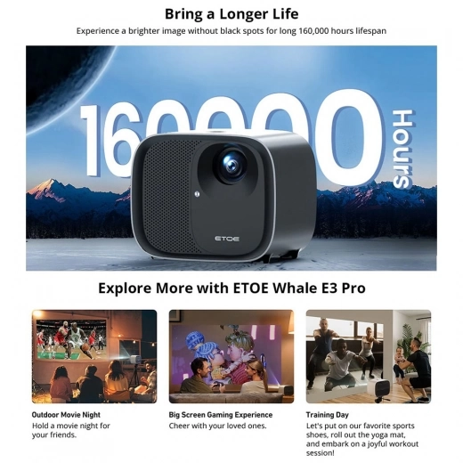 

600 ANSI LCD Projector ETOE E3 Pro, Native 1080P, 4K Decoding, Android TV, Auto Focus & Keystone Correction - Black