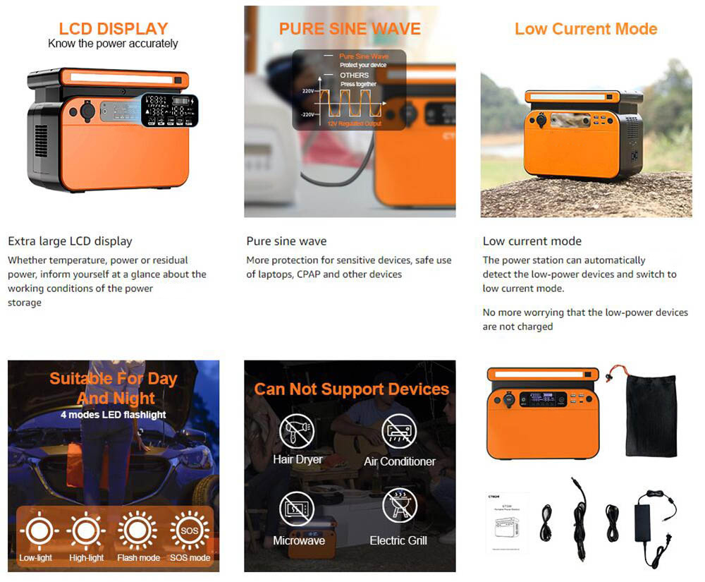 JustNow 500W Portable Power Station, 518Wh LiFePO4 Battery, with AC/Car Port/USB Output - Orange