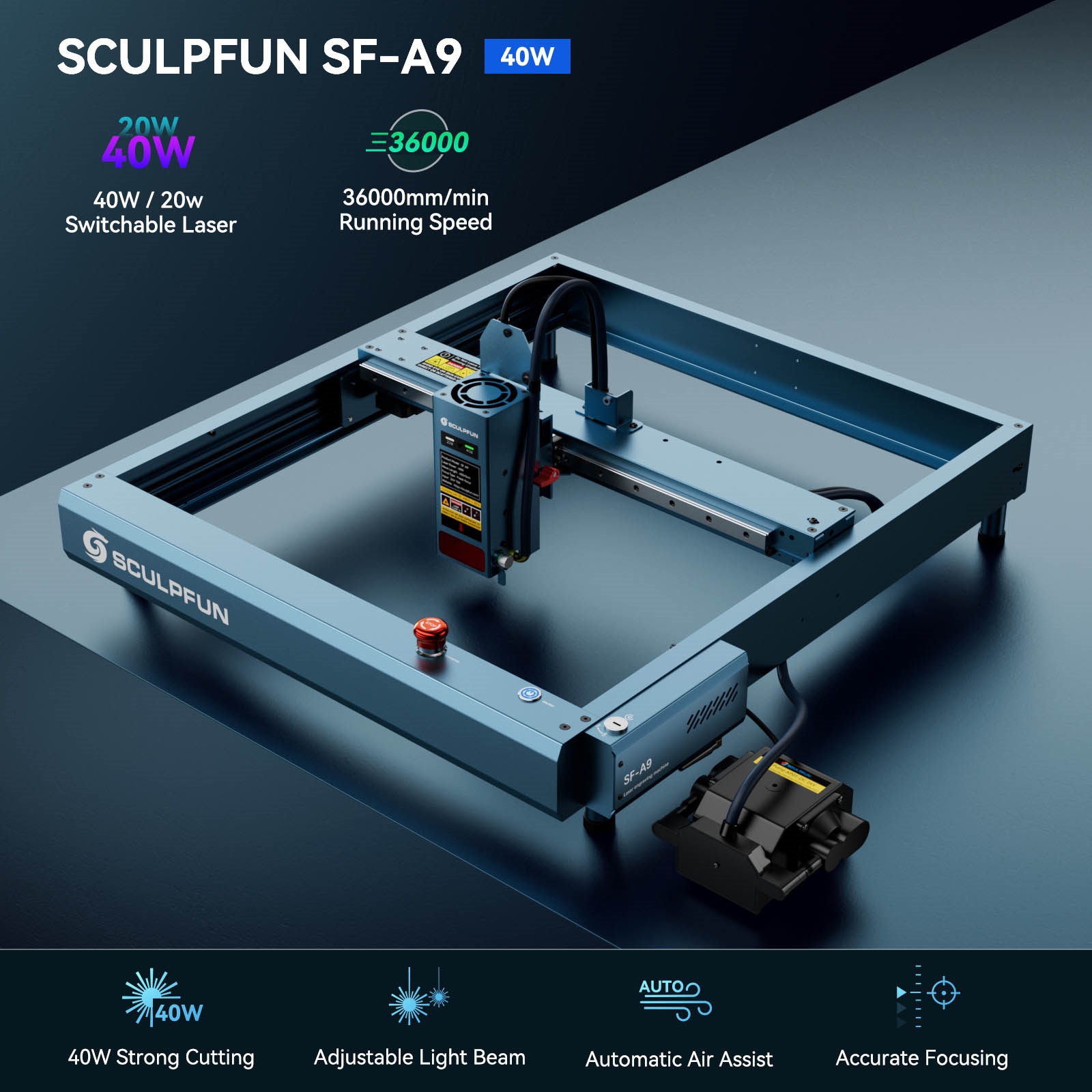 SCULPFUN SF-A9 20W Laser Cutter + Rotary Roller + Laser Bed + Fireproof Enclosure