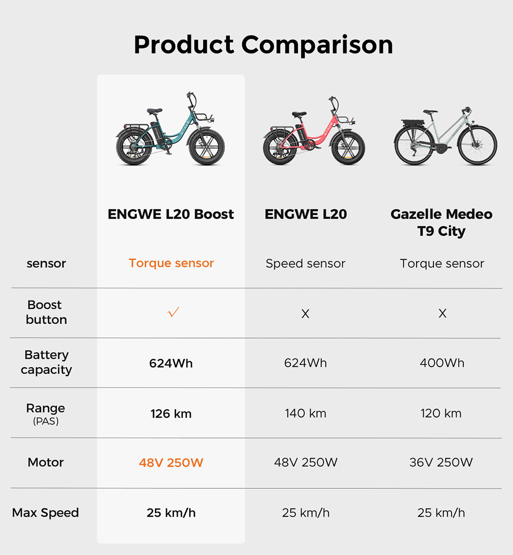 ENGWE L20 BOOST Electric Bike  250W Motor  48V 13AH Battery  20*4-inch Fat Tires  25km/h Max Speed  126km Max Range  Torque Sen